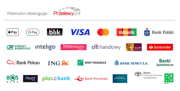 Metody płatności: VISA, Mastercard, BLIK, Przelewy24, Apple Pay, Google Pay i inne